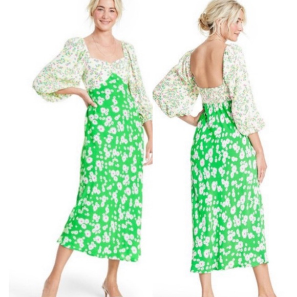 Rixo Target Midi Swing Dress Women's 8 Green Daisy Floral Smocked Puff Sleeve